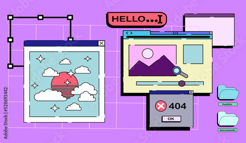 Retrowave pc desktop with message boxes and popup user interface elements. user interface elements in retro y2k vaporwave style. Modern vintage comics illustrations in the 80s and 90s.