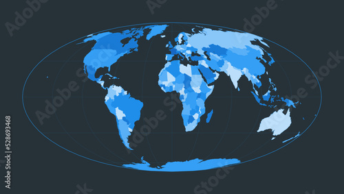 World Map. Equal-area, pseudocylindrical Mollweide projection. Futuristic world illustration for your infographic. Nice blue colors palette. Beautiful vector illustration.
