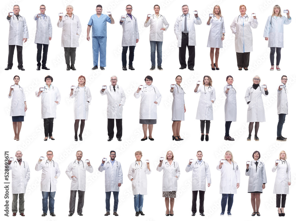 full length group of doctors showing badge isolated full length group of doctors showing badge isolated