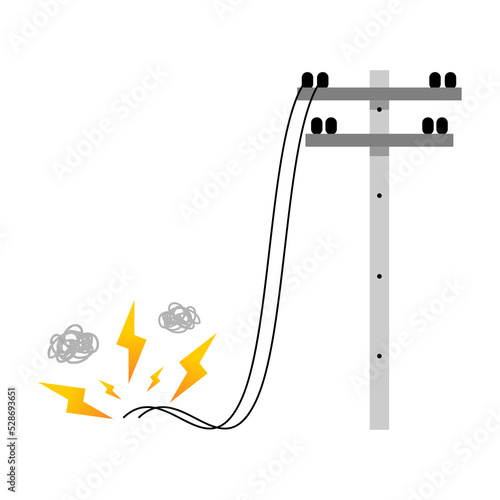 Broken electric wire of high voltage pole is damaged and short circuit spark smoke cause danger electrocution risk on blue background flat vector design.
