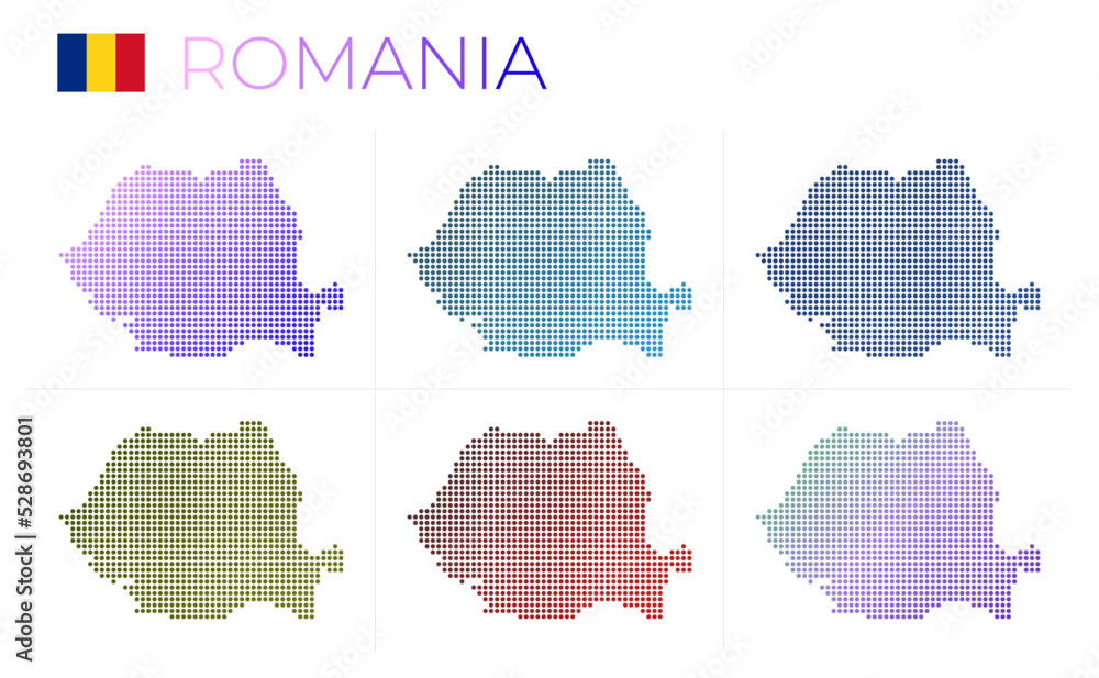 Romania dotted map set. Map of Romania in dotted style. Borders of the country filled with beautiful smooth gradient circles. Stylish vector illustration.