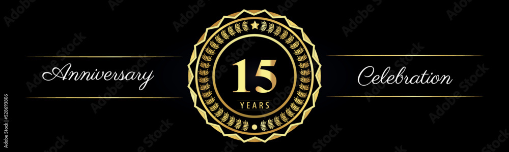 Fototapeta premium 15 years anniversary celebration logotype with gold star frames, number, and flowers on black background. Premium design for marriage, banner, event party, happy birthday, greetings card, jubilee.