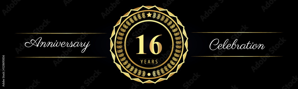 16 years anniversary celebration logotype with gold star frames, number, and flowers on black background. Premium design for marriage, banner, event party, happy birthday, greetings card, jubilee.