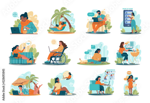 Outsourcing concept set. Telework and project delegation, employee