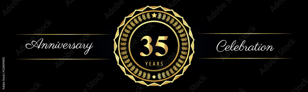 35 years anniversary celebration logotype with gold star frames, number, and flowers on black background. Premium design for marriage, banner, event party, happy birthday, greetings card, jubilee.