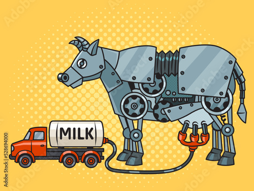 mechanical robot cow filling milk truck steampunk machine pop art retro vector illustration. Comic book style imitation.
