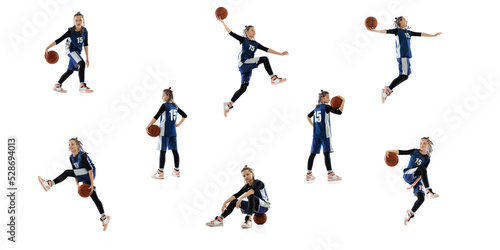Collage. Dynamic images of teen girl  basketball player in uniform training  playing isolated on black studio background.