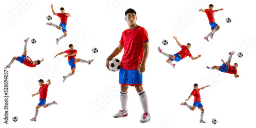 Portrait of young man  football player training  playing  posing isolated over white studio background. Collage