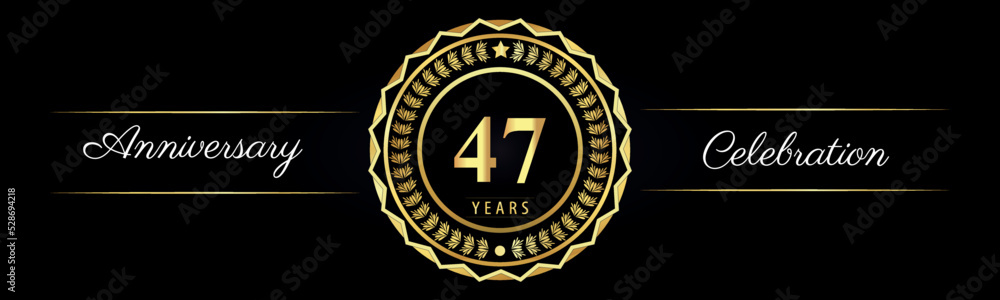 Fototapeta premium 47 years anniversary celebration logotype with gold star frames, number, and flowers on black background. Premium design for marriage, banner, event party, happy birthday, greetings card, jubilee.