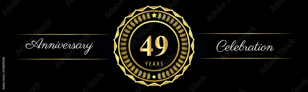 49 years anniversary celebration logotype with gold star frames, number, and flowers on black background. Premium design for marriage, banner, event party, happy birthday, greetings card, jubilee.