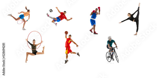 Collage. Young sportive people training  practising isolated over white studio background.