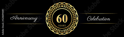 60 years anniversary celebration logotype with gold star frames, number, and flowers on black background. Premium design for marriage, banner, event party, happy birthday, greetings card, jubilee.