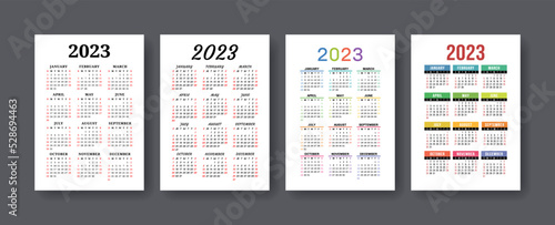 Calendar 2023 year set. Vector vertical template collection. Ready design. January  February  March  April  May  June  July  August  September  October  November  December