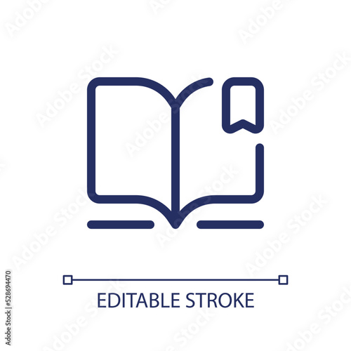 Reading e book pixel perfect linear ui icon. Digital library. Ebook reader. Educational app. GUI, UX design. Outline isolated user interface element for app and web. Editable stroke. Arial font used