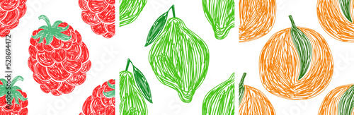 Raspberry, lime and orange fruit sketch. Seamless pattern set. Hand drawn vector illustration. Pen or marker fruits