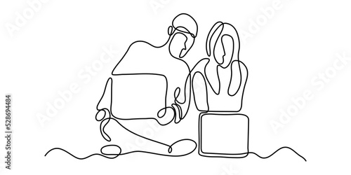 Continuous line young students male and female two sitting, reading book tablet. They are studying at university, vacation. concept of staff development, successful career.