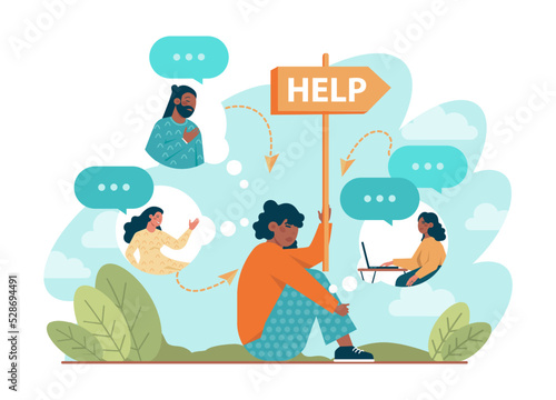 Support concept. Character help each other in solving problems.