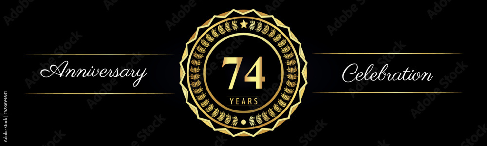 Fototapeta premium 74 years anniversary celebration logotype with gold star frames, number, and flowers on black background. Premium design for marriage, banner, event party, happy birthday, greetings card, jubilee.