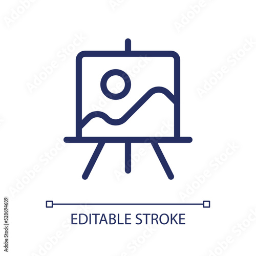 Easel stand for art class pixel perfect linear ui icon. Painting course. Art exhibition. GUI, UX design. Outline isolated user interface element for app and web. Editable stroke. Arial font used