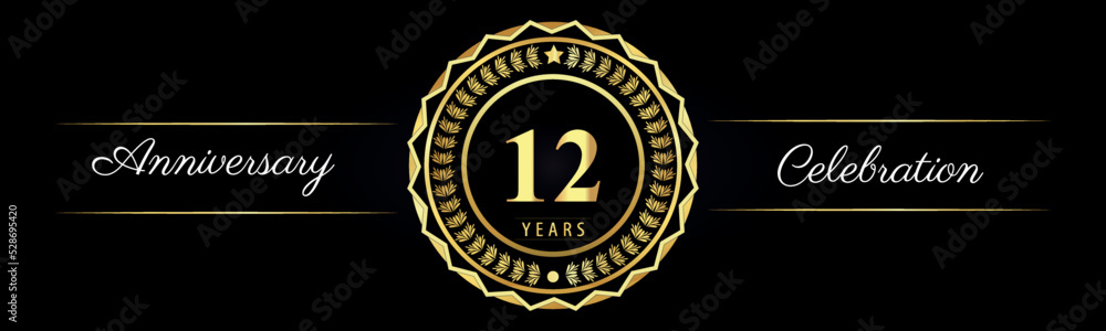 Fototapeta premium 12 years anniversary celebration logotype with gold star frames, number, and flowers on black background. Premium design for marriage, banner, event party, happy birthday, greetings card, jubilee.