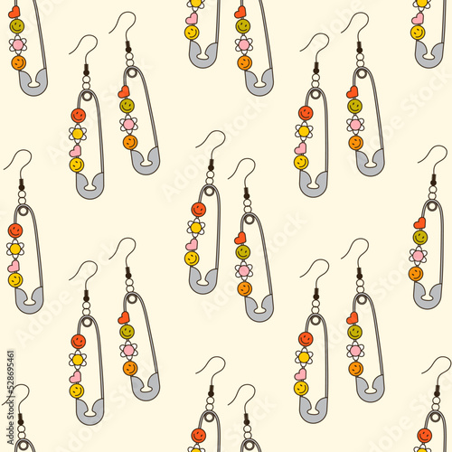Seamless vector pattern with y2k safety pin earrings. Background with 90s 00s cute metal accessory for girls. Vintage groovy jewellery for ears. Funky bijouterie texture