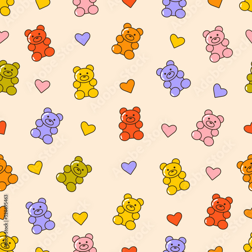 Seamless vector pattern with colorful y2k lollipop bears. 90s 00s cute accessory. Vintage jewellery background. Funky bijouterie texture