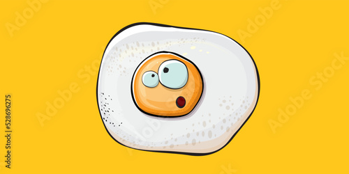 Vector cartoon fried egg character isolated on orange background. Cute fried egg for good morning concept illustration. Funky cartoon egg character for printing on tee, menu and food poster