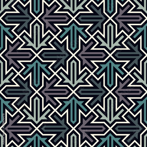 Seamless ethnic ornament. Tribal wallpaper. Arrows image. Folk pattern. Geeometric backdrop. Mosaics motif. Grid background. Digital paper. Textile print. Ethnical web design. Abstract vector artwork