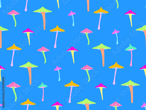 Psychedelic mushrooms seamless pattern. Acid trip, colorful magic mushrooms in the style of the 80s. Design for posters, banners and promotional items. Vector illustration