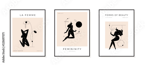 Trendy contemporary poster collection. Minimal female silhouette. Abstract woman body feminine geometric composition. Beauty, Femininity concept, prints set for wall art decor. Vector illustration