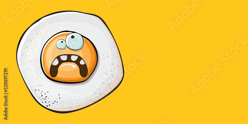 Vector cartoon fried egg character isolated on orange background. Cute fried egg for good morning concept illustration. Funky cartoon egg character for printing on tee, menu and food poster