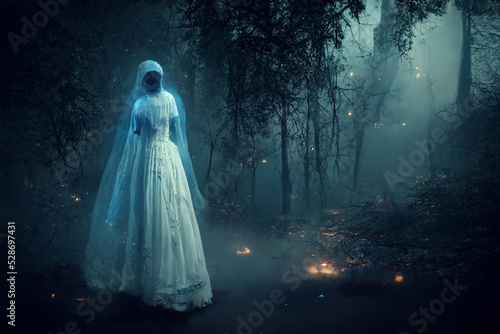 A dark ghostly figure moving through a misty forest in the evening. Spooky concept.Digital art