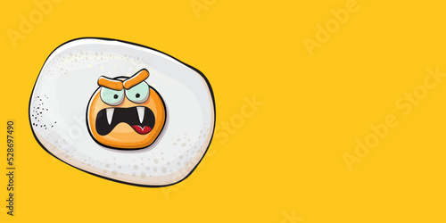 Vector cartoon fried egg character isolated on orange background. Cute fried egg for good morning concept illustration. Funky cartoon egg character for printing on tee, menu and food poster