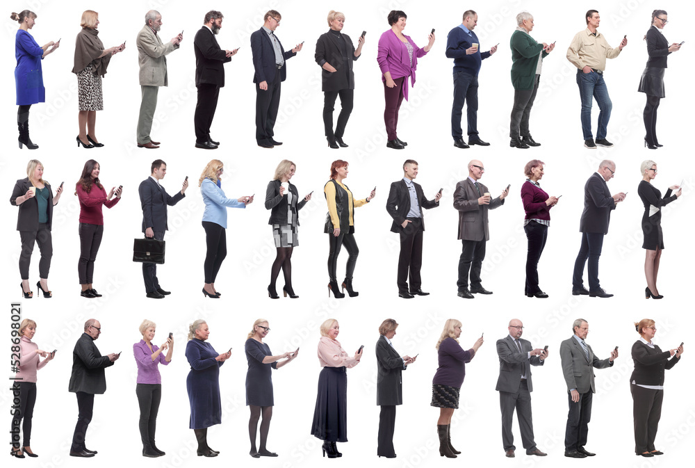 group of people profile holding phone in hand isolated group of people profile holding phone in hand isolated