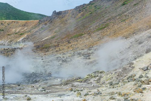 steaming hydrothermal outlet on the shore of the hot lake in the caldera of the Golovnin volcano on the island of Kunashir