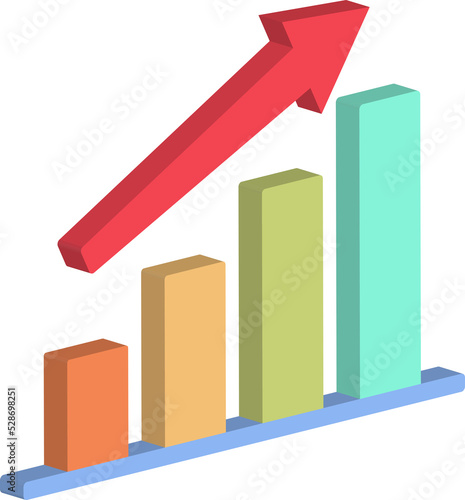 3d icon growing bar chart with rising arrow front axis view