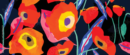 Abstract botanical seamless on dark background. Colorful watercolor wallpaper of flowers, floral, leaves, foliage. Blossom seamless design for banner, prints, decor, wall art, decoration.