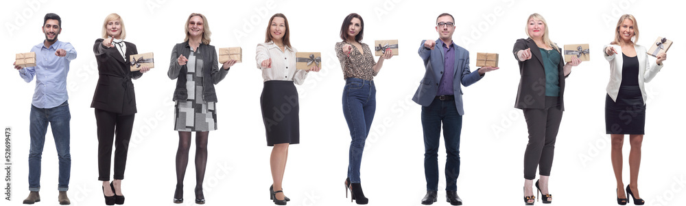 group of happy people with gifts in their hands isolated group of happy people with gifts in their hands isolated