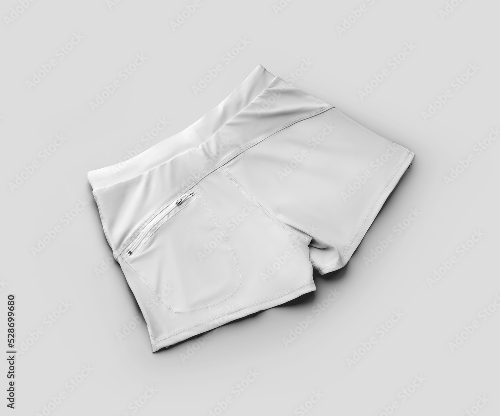 White male swimming trunks mockup, back view, diagonal presentation, swimwear with zip pocket, summer subject, isolated on background.