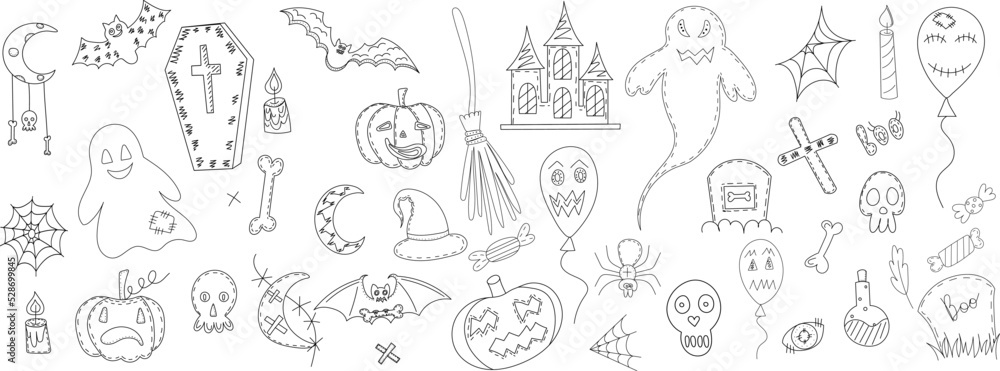 set for halloween doodle sketch, outline vector, isolated