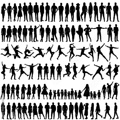 set of people, children silhouette isolated, vector