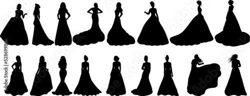 brides set, princesses silhouette isolated, vector