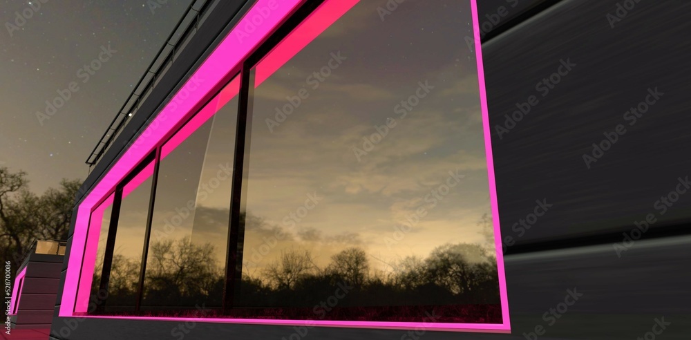Illumination of the panoramic window with a pink LED strip. It gives ...