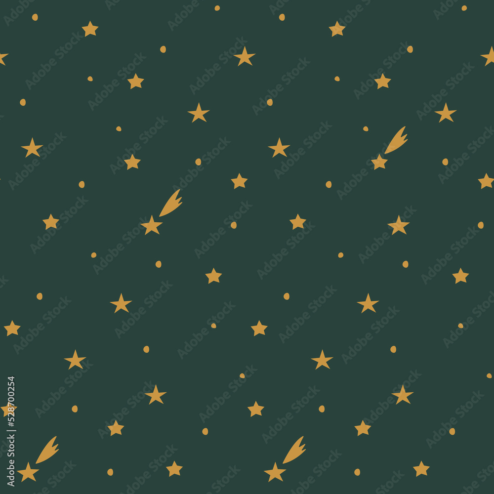Seamless background with golden stars and comets with dots on green. Christmas or New Year pattern. Festive wrap