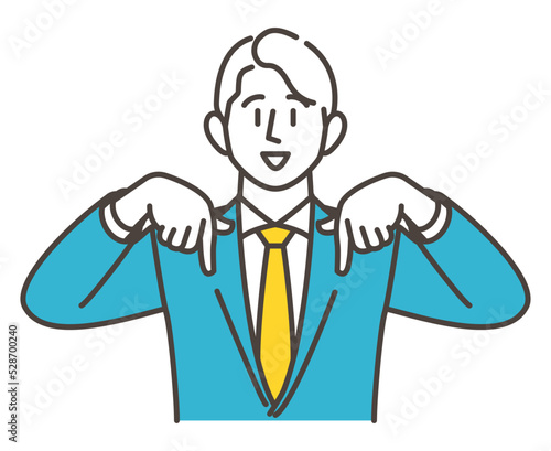 Young male businessperson pointing downward to introduce something [Vector illustration