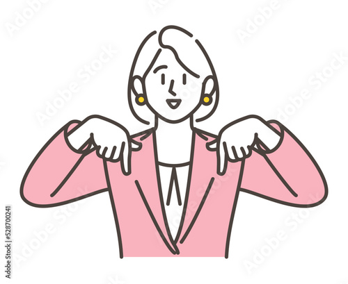 Young female businessperson pointing downward to introduce something [Vector illustration