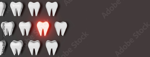 Toothache problem 3d rendering pattern on grey background. White healthy teeth and molar tooth with pain. National Dentist's Day Wisdom teeth extraction. Oral care recovery. Dental Insurance Dentistry