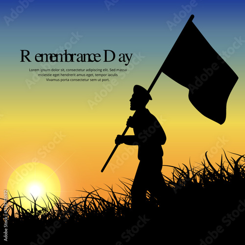 Happy remembrance day design with soldier silhouette and sunset background vector.