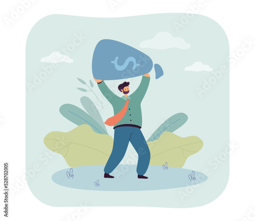 Man raising bag full of money flat vector illustration. Rich employee making large amounts of money. Finance, income, banking, wealth concept for banner, website design or landing web page