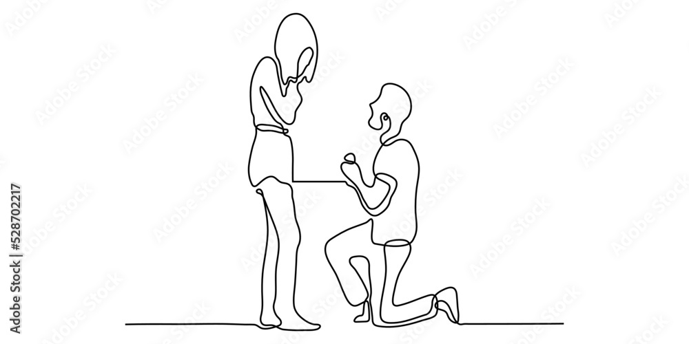 Continuous one line drawing of couple in love. Man sitting and give a wedding ring gift to the girl.